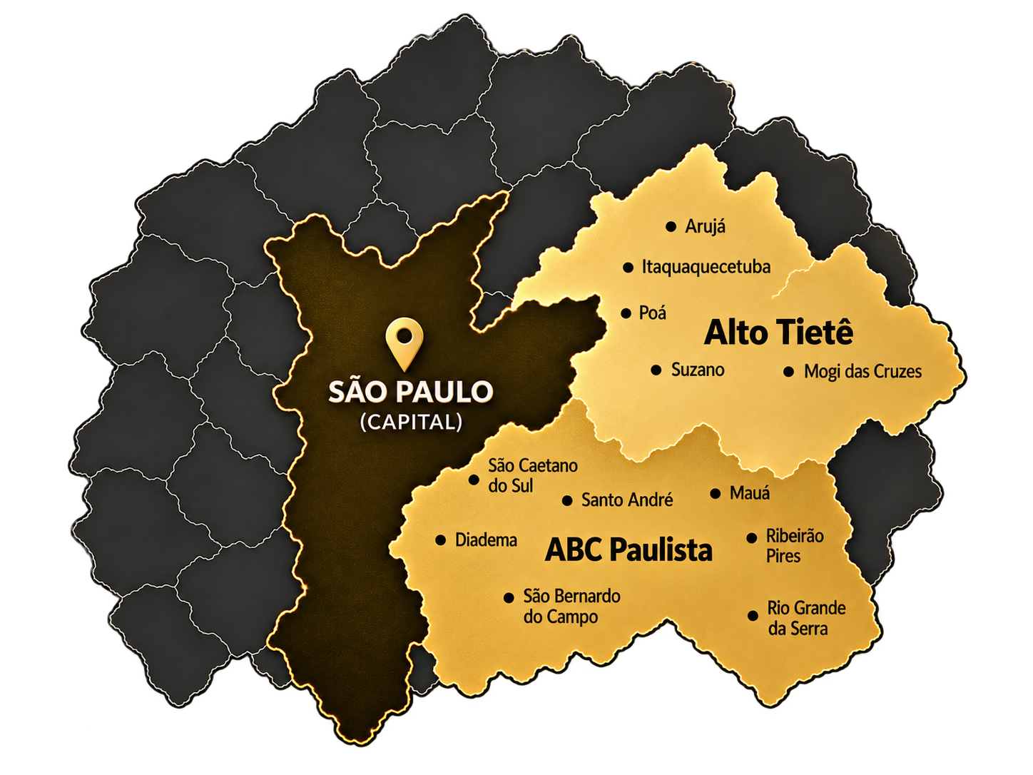 Mapa da Região Metropolitana de São Paulo com destaque para São Paulo Capital, ABC Paulista e Alto Tietê.
